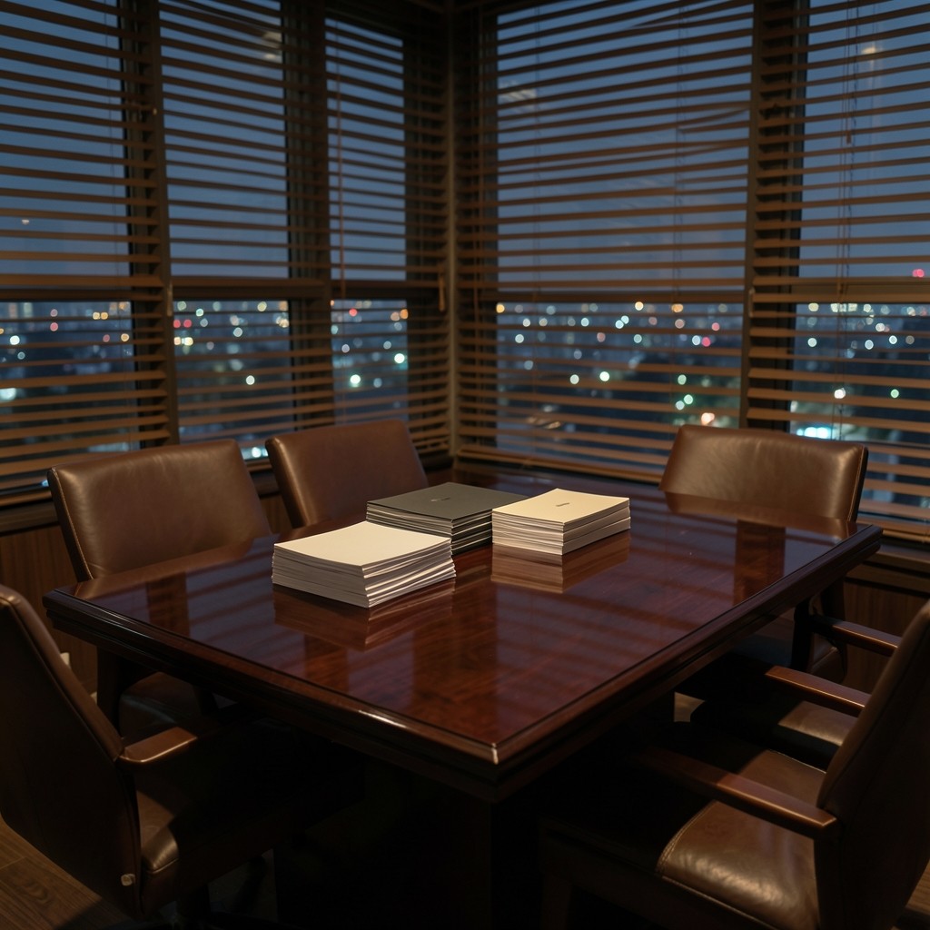 Quiet Bangkok consulting office with dark wood table, printed spend packs, and city light through blinds