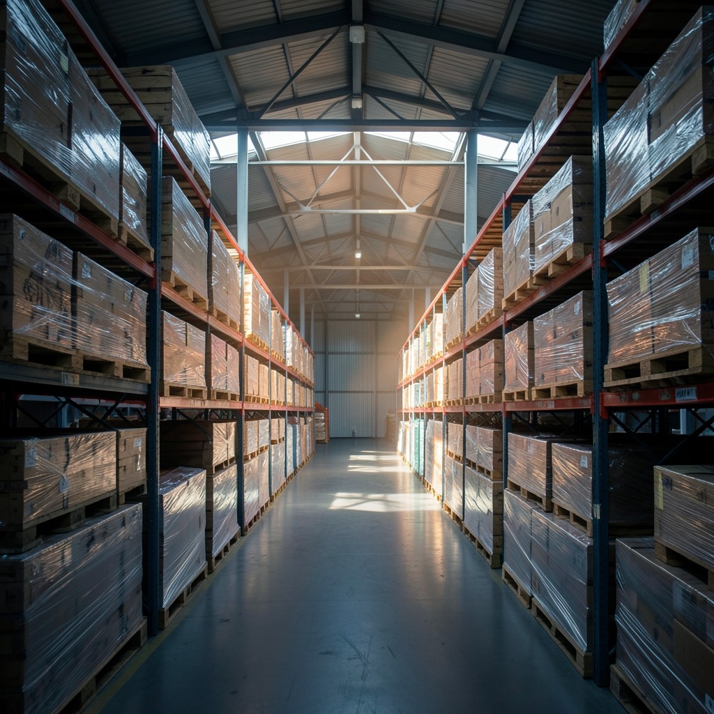 Warehouse aisle with stacked pallets viewed from a raised walkway