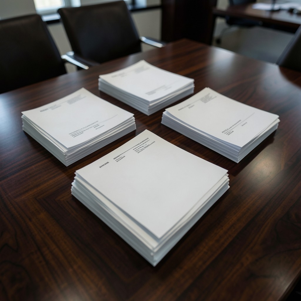 Printed purchase orders sorted into piles on a walnut conference table