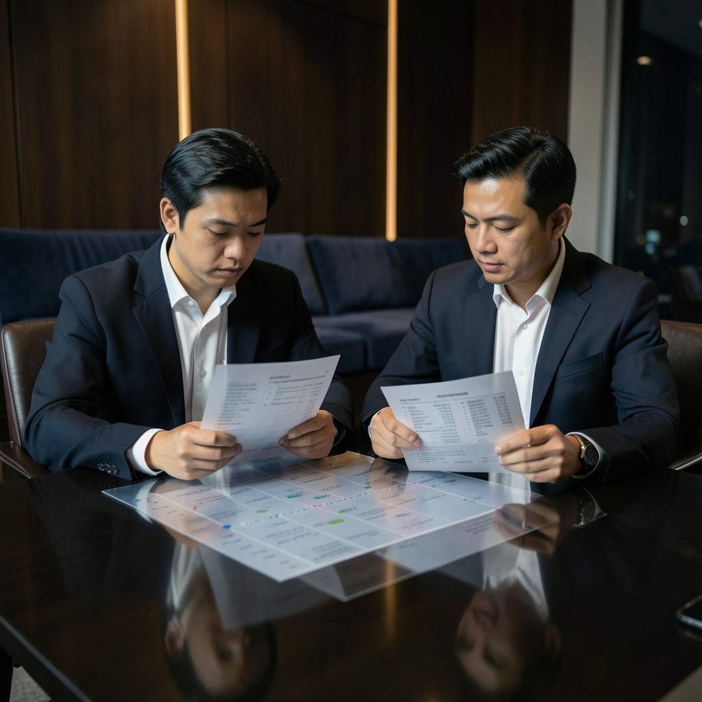 Consultant and category manager reviewing a printed engagement timeline on translucent paper