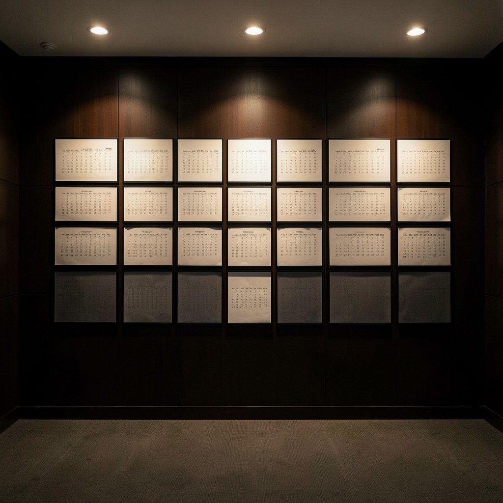 Meeting room wall with printed supplier scorecard sheets arranged for review