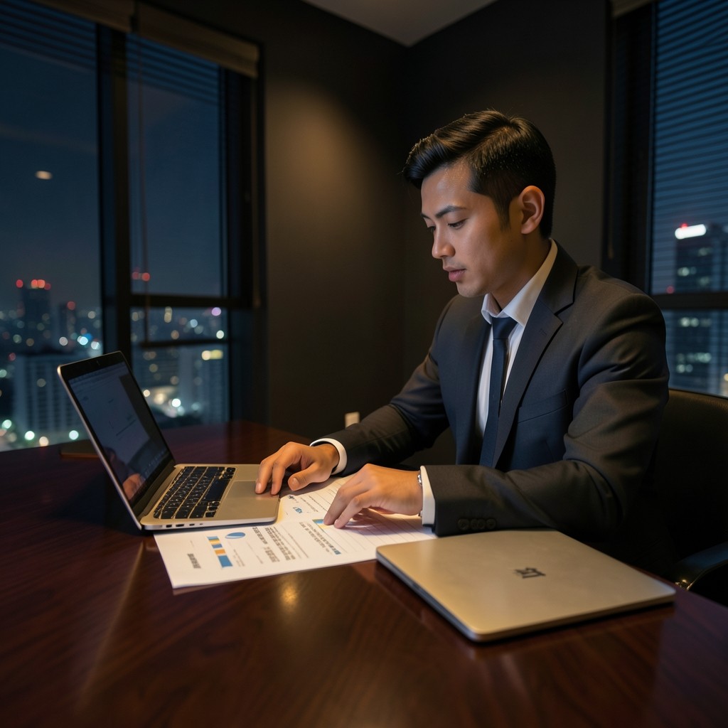Analyst reviewing procurement spend charts printed beside a laptop in a quiet Bangkok office