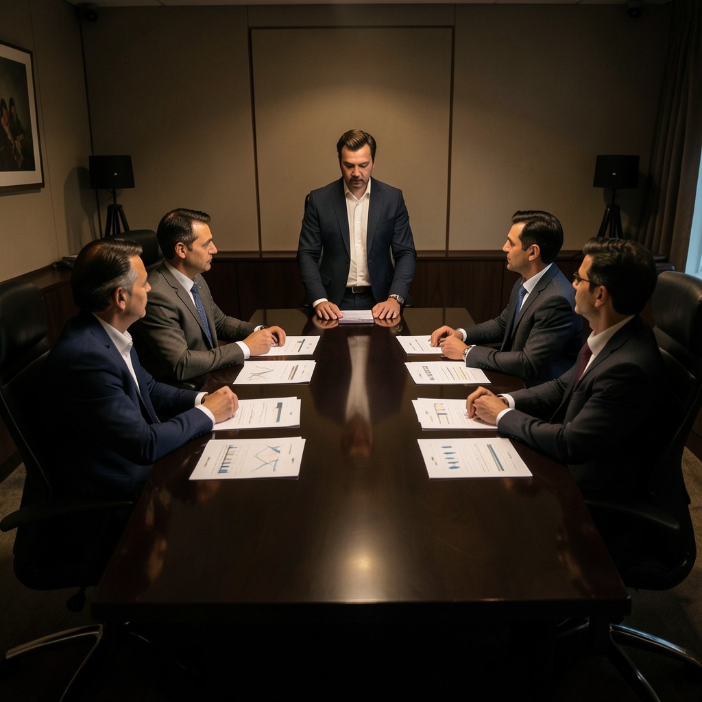 Facilitator leading a small purchasing workshop around a conference table with printed charts